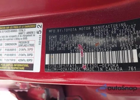 2008 Toyota Corolla Ce from USA, damaged, VIN 2T1BR32E68C935422